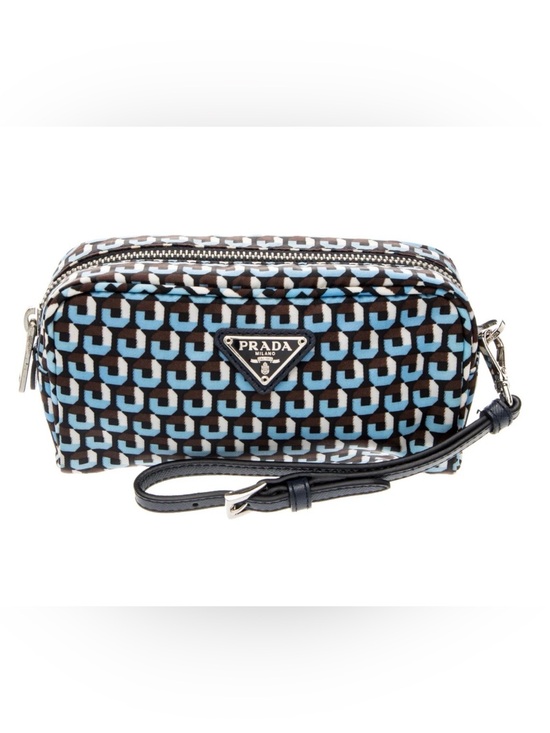 Prada Handbags - PRADA Blue & Brown Geometric Nylon Wristlet